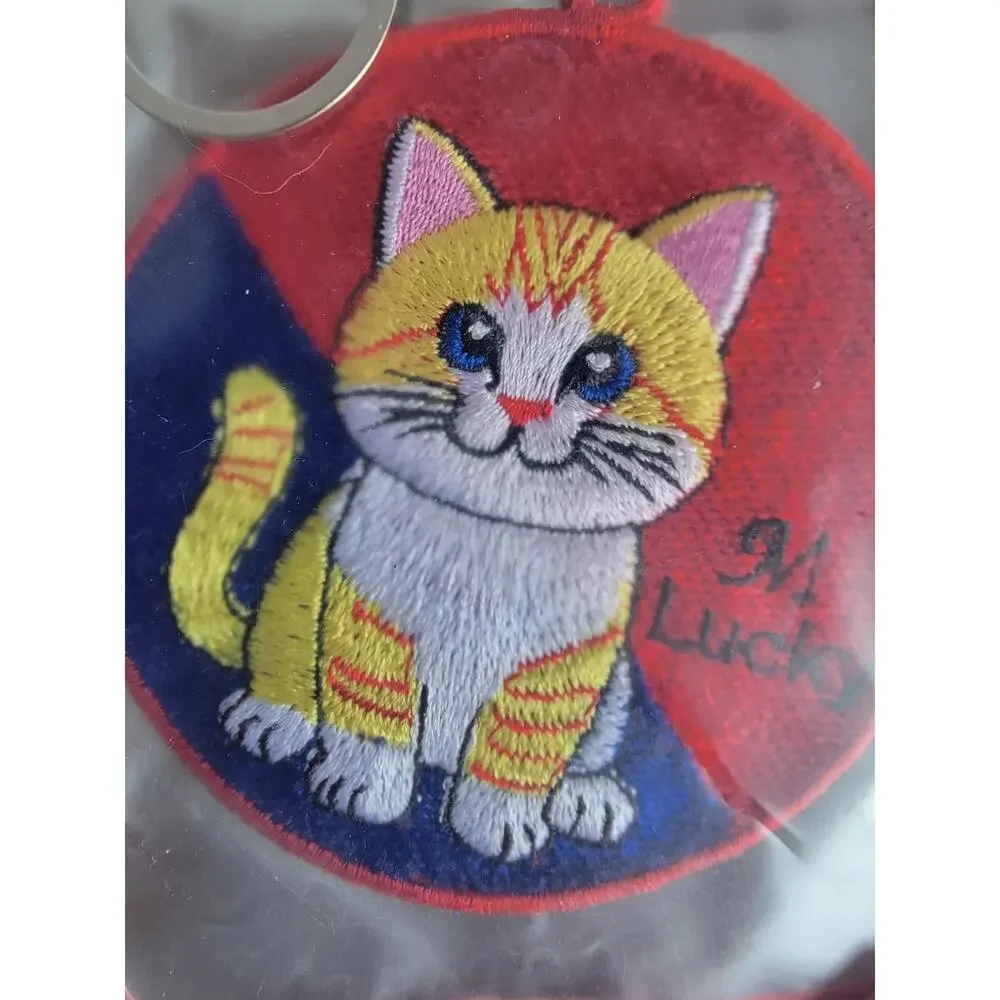 Circular embroidered patch cartoon orange tabby cat Keychain Backpack Charm